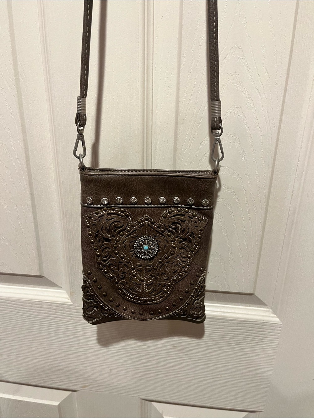 Brown Embossed Crossbody Bag with Turquoise Accent